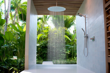 Tropical shower in the shower stall in a white bathroom