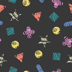 vector colorful variety doodle geometric seamless pattern on dark grey