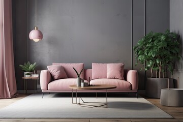 gray room with a pink sofa and no text,. Generative AI