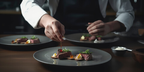Fototapeta na wymiar Culinary Masterpiece: Professional Chef Plating Sliced, Seared Venison in a Gourmet Kitchen. AI Genereted