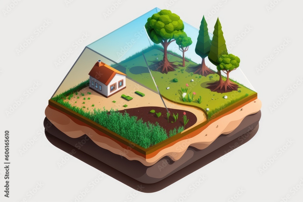 Poster isolated drawing of a tiny farm. plants are stranded on a dirt island. the notion of a microworld. g