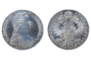 1 Thaler Austrian silver coin from the year 1780. Empress Maria Theresia of Habsburg. Imperial double-headed eagle with the coat of arms of Austria. Hungary, Bohemia, Burgundy and Burgau (Guenzburg). - obrazy, fototapety, plakaty