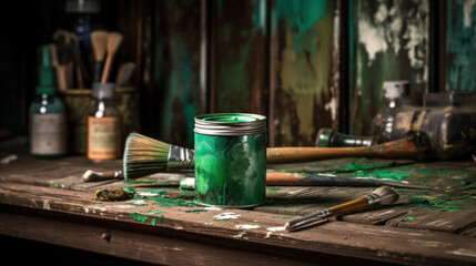 A Can of Green Paint and Brush for DIY Project