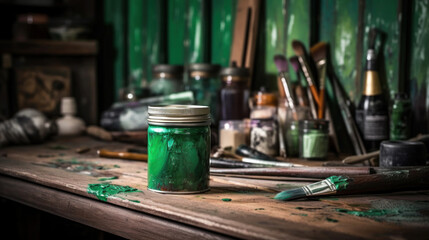 Obraz na płótnie Canvas A Can of Green Paint and Brush for DIY Project