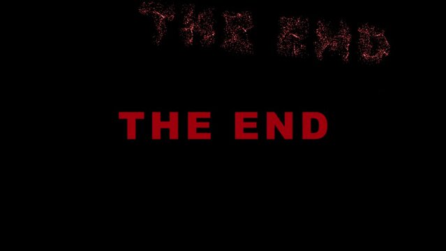 The end text animation with flying particles. Cinematic title animation.