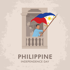 VECTORS. Editable banner for the Philippine Independence Day, June 12. General Emilio Aguinaldo waving the Philippine flag from balcony