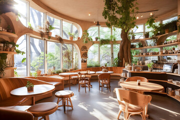 Fototapeta na wymiar Bright and cozy sunlit interior of a modern café with wooden interior and indoor trees. 