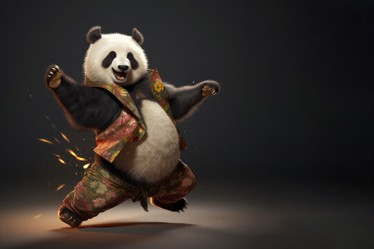 Cool cheerful cartoon style panda dancing in the room