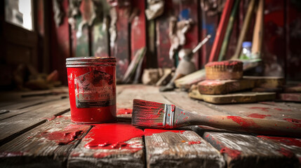 A Can of Vibrant Red Paint and Brush for DIY Project
