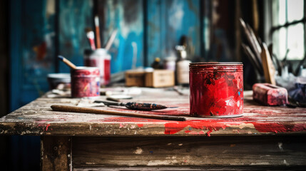 A Can of Vibrant Red Paint and Brush for DIY Project
