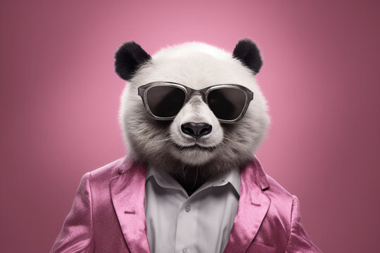Dr&ocirc;le de panda &agrave; lunettes en costume disco, fond rose