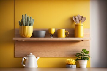 Yellow wall paneling with a wooden shelf in the kitchen. Generative AI