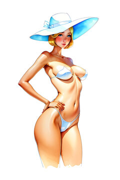 Illustration of women in bikini swimwear and sun hat