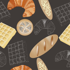Seamless breakfast pastry (croissants, waffles, buns) on a dark background. Vector graphics for ifabric or background.