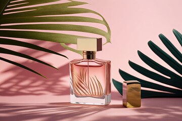 transparent perfume bottle with a pink backdrop. display of fragrance in daylight. Natural materials trending idea palm leaf shadow. The essence of men and women. Generative AI - obrazy, fototapety, plakaty
