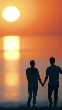 The romantic couple standing against the beautiful sunset near the sea