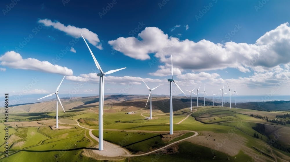 Poster a group of wind turbines in a green field. ai generative image.