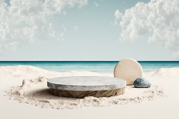 Fototapeta na wymiar On a white beach sand backdrop, a grungy grey concrete stone platform podium selling cosmetics or items. View from the front. Generative AI