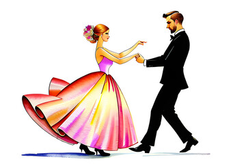 Elegant dressed classical dancing couple illustration. Man wearing tuxedo, woman in evening gown
