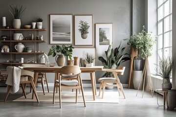 Fototapeta na wymiar Elegant Scandinavian interior design of living room with design wooden chairs, dining table, plants, accessories, and gallery wall with mock up posters. gray walls as a backdrop modern Generative AI