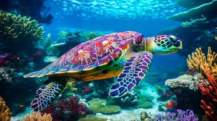 Fototapeta na wymiar Underwater world. Corals. Turtle. Depth. image for 3d floor. Dive into the underwater world. Ai generated