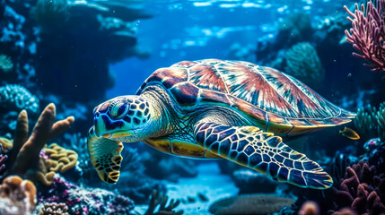 Fototapeta na wymiar Underwater world. Corals. Turtle. Depth. image for 3d floor. Dive into the underwater world. Ai generated