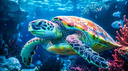 Obraz premium Underwater world. Corals. Turtle. Depth. image for 3d floor. Dive into the underwater world. Ai generated