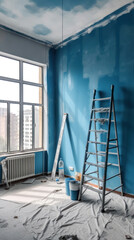 A Room in Renovation in a Modern Apartment with a Ladder and a Gipsum Drywall Being Painted in Blue