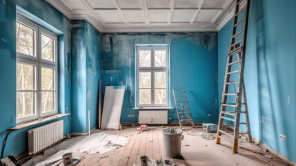 A Room in Renovation in a Modern Apartment with a Ladder and a Gipsum Drywall Being Painted in Blue