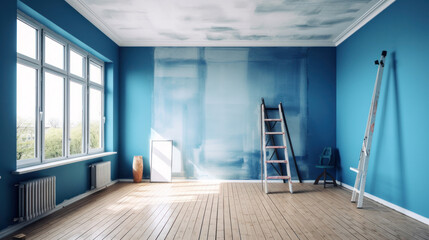 A Room in Renovation in a Modern Apartment with a Ladder and a Gipsum Drywall Being Painted in Blue - obrazy, fototapety, plakaty