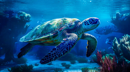 Obraz premium Underwater world. Corals. Turtle. Depth. image for 3d floor. Dive into the underwater world. Ai generated