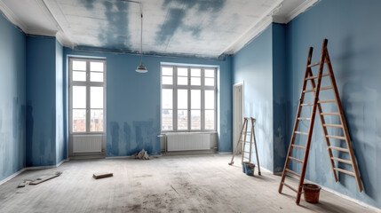 A Room in Renovation in a Modern Apartment with a Ladder and a Gipsum Drywall Being Painted in Blue