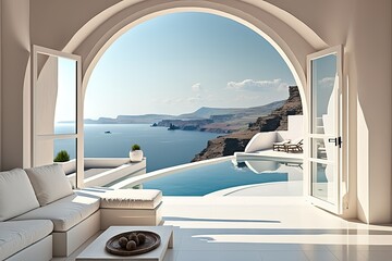 Luxury beach and pool property on Santorini island -. Generative AI