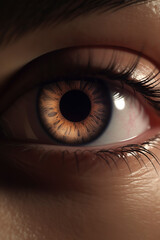 Naklejka premium Unveiling the Depth: Close-Up View of an Eye with Camera-Inspired Focus and Blur. AI Generated