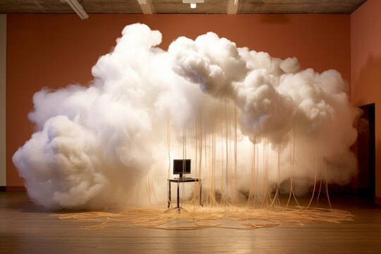 Cloud Computing Envelops Room with Thunder-Lit Cloud, Tethered Computer and Tangled Cables, AI Generative