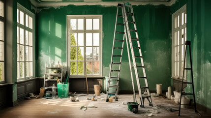 A Room in Renovation in a Modern Apartment with a Ladder and a Gipsum Drywall Being Painted in Evergreen Fog color