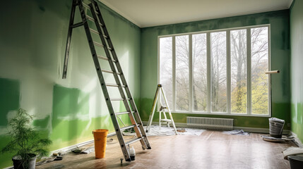 A Room in Renovation in a Modern Apartment with a Ladder and a Gipsum Drywall Being Painted in Evergreen Fog color