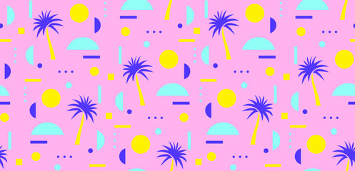 Modern Palm Trees Seamless Vector Pattern. Simple Tropical Design ideal for Textile, Wrapping Paper. Jungle Print with Hand Drawn Palms on a Light Pink Background.Hawaii Style Print. Rgb Vivid Colors. © Magdalena