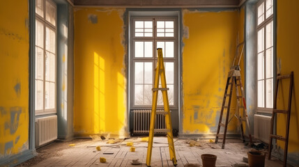 A Room in Renovation in a Modern Apartment with a Ladder and a Gipsum Drywall Being Painted in India Yellow color