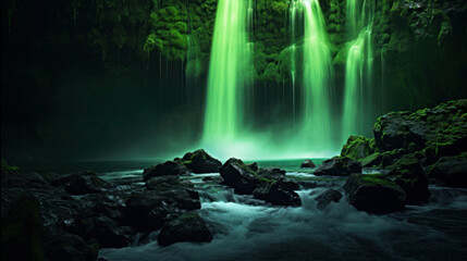 A waterfall glowing in neon green, with bioluminescent algae providing a luminous spectacle against the backdrop of the dark night.