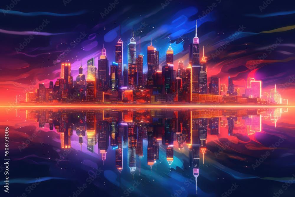 Poster skyline with neon colored city at night. cityscape with reflection in river. futuristic cyberpank ba