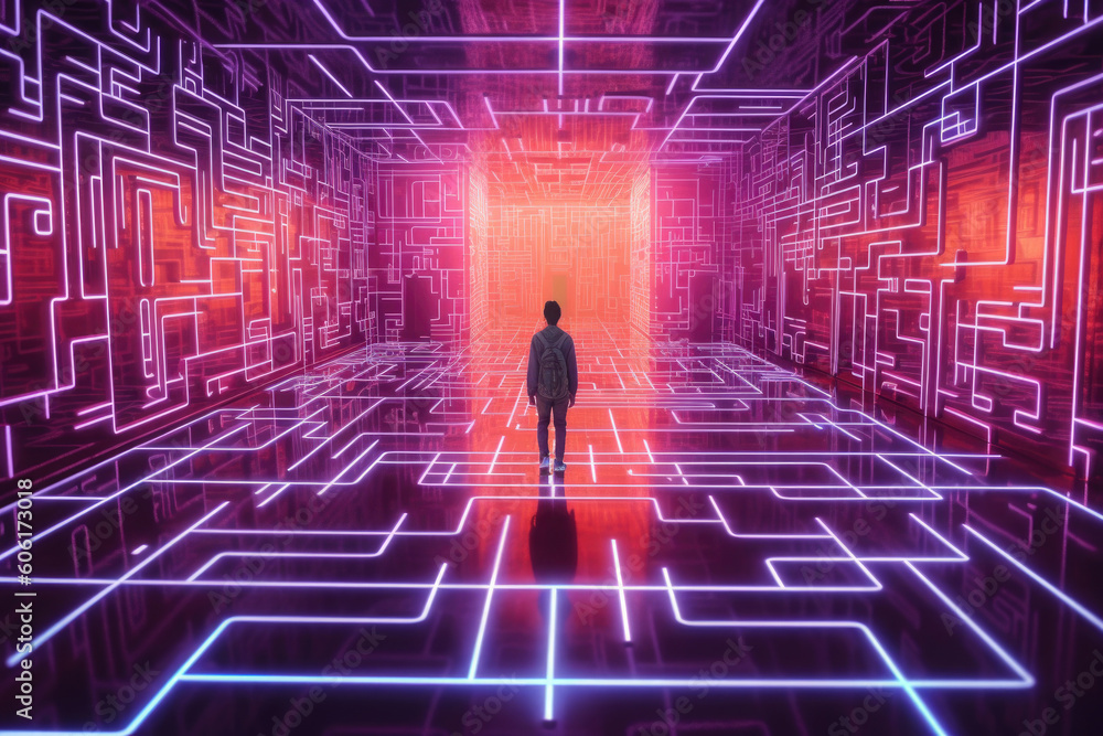 Aufkleber person find exit from labyrinth in digital world. human silhouette lost in futuristic technology maz