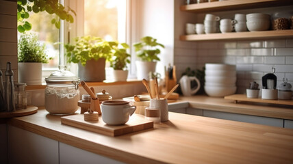 Kitchen wooden table top with breakfast at morning time. Scandinavian style vintage kitchen interior. Created with Generative AI - obrazy, fototapety, plakaty