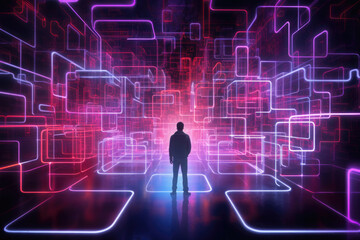 Fototapeta premium Person find exit from labyrinth in digital world. Human silhouette lost in futuristic technology maze. Digital addiction. Created with Generative AI