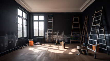 Fototapeta premium A Room in Renovation in a Modern Apartment with a Ladder and a Gipsum Drywall Being Painted in Tricorn Black color