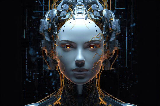 Female android face on dark background. Artificial intelligence concept. Futuristic robot head with technology neural system. Created with Generative AI