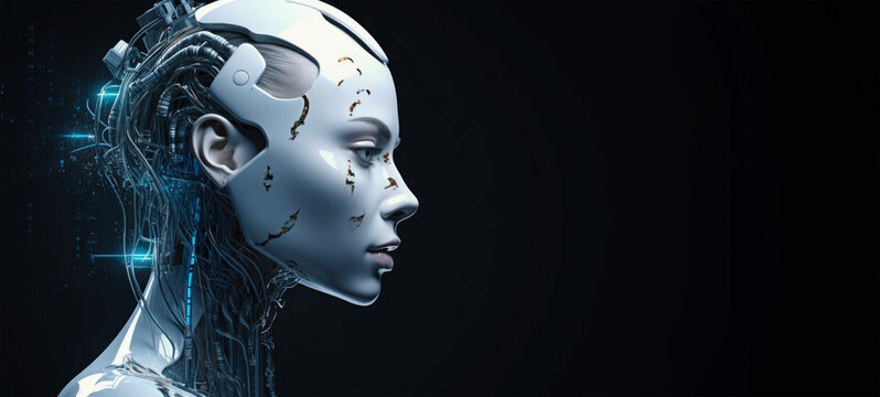 Female Android Face On Dark Background. Artificial Intelligence Concept. Futuristic Robot Head With Technology Neural System. Created With Generative AI