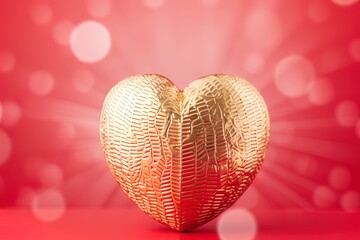 Heart with metal golden structure on red defocused background, celebration. Generative AI.