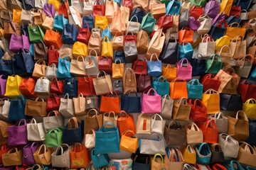 Pile of colorful shopping bags. Over consumption and shopaholism. Created with Generative AI
