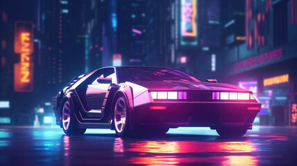 Fototapeta premium Futuristic sport car with retro design at night city street with neon glowing lights. Cyberpunk background. Created with Generative AI